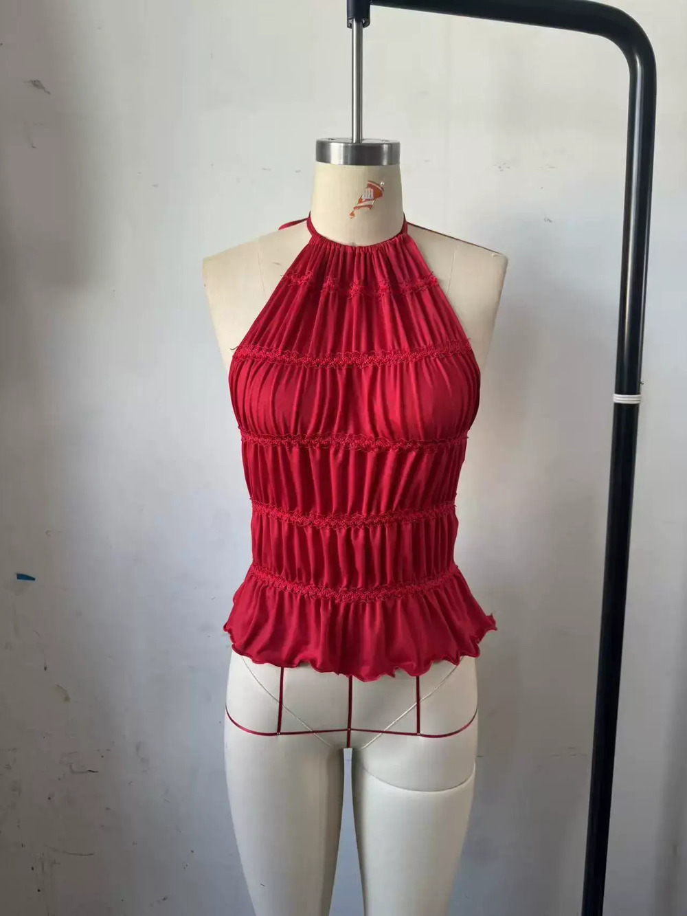 Zara Solid Color Ruffle Halter Backless Lace Up Summer Top - Picture 3 of 7